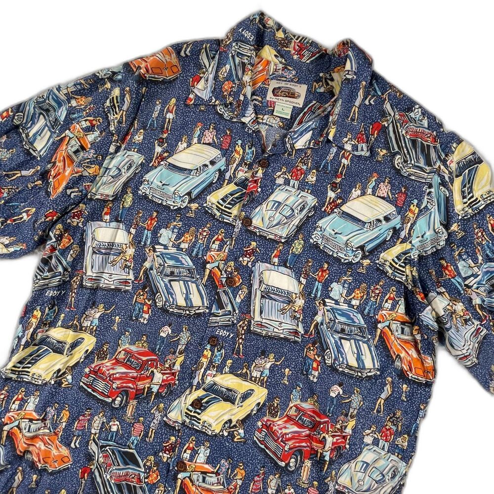 Reyn Spooner Eddy Y Shirt L Classic Cars Muscle Trucks Rayon Aloha Hawaiian Art